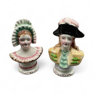 Vintage Ceramic Salt Pepper Shaker Set Colonial Woman And Man Bust Japan Shakers